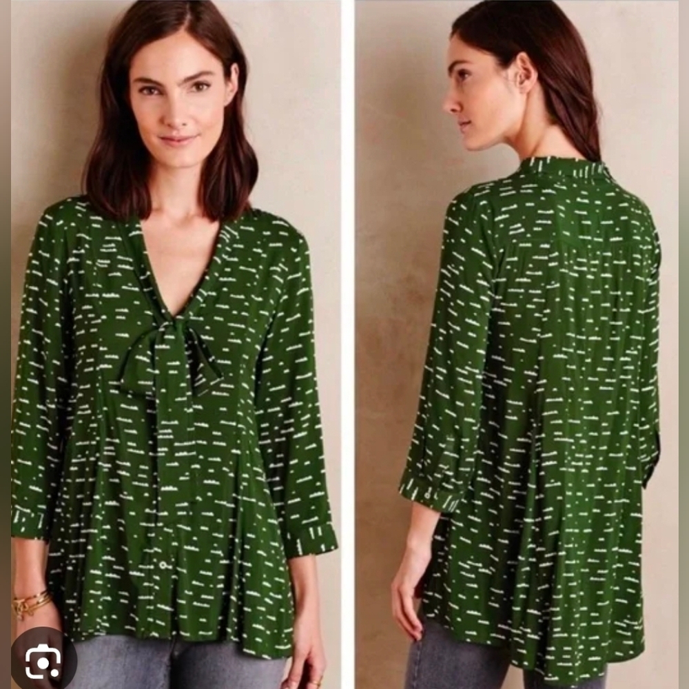 Anthropologie Maeve Green Cloud Tie Front Blouse XS